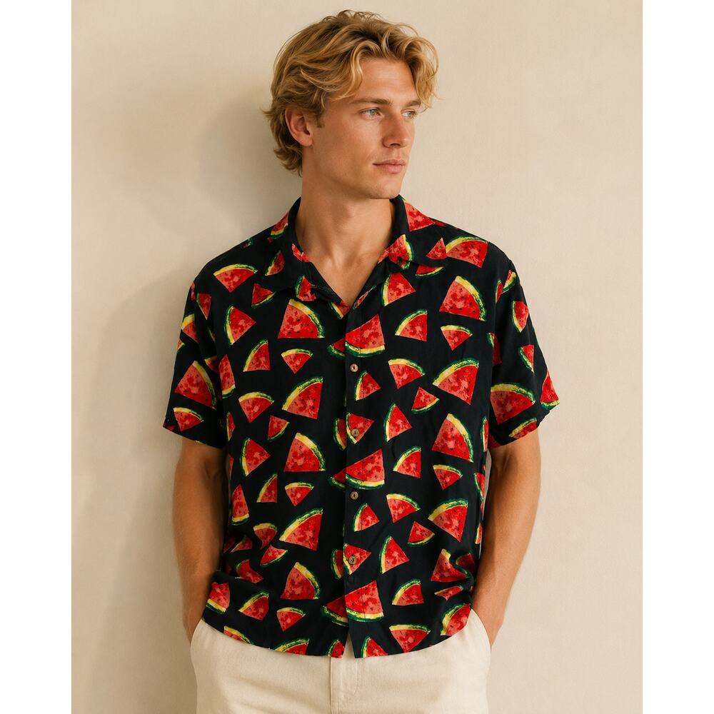 LR2608 Watermelon Print Hawaiian Shirt Men’s Large Navy Tropical Button Front